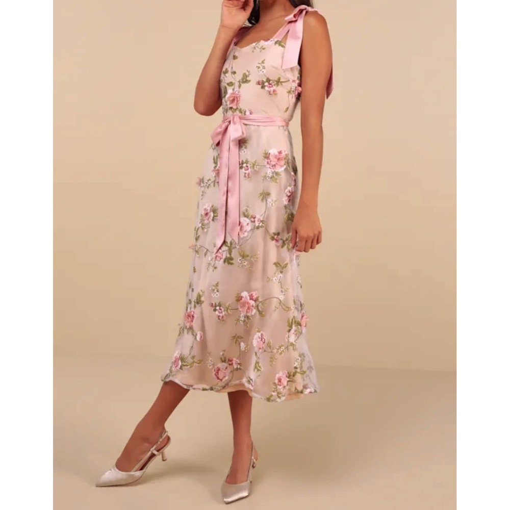 Lulus Authentic Sweetness Blush Pink Floral Applique Bow Tie Strap Midi Dress M - Picture 2 of 11